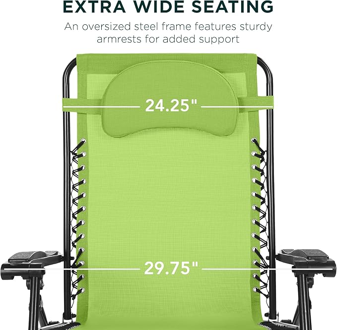 Best Choice Products Oversized Zero Gravity Chair, Folding Outdoor Patio Lounge Recliner w/Cup Holder Accessory Tray, Pillow - Lime Green