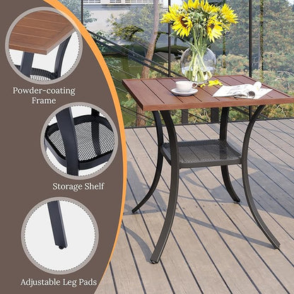 VICLLAX Small Square Outdoor Patio Table, All Weather Metal Outdoor Dining Table for Lawn Garden, 27.5"x 27.5" Patio Table for Outside, Walnut Tabletop