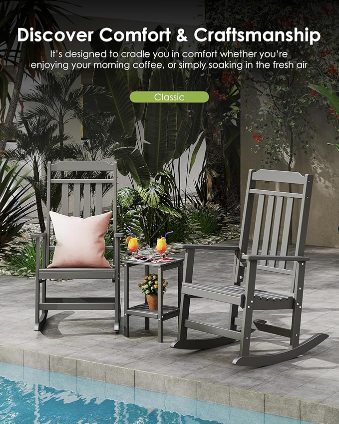 GREENVINES Outdoor-Rocking-Chair | HDPE Plastic | Patio Rockers | Porch Rocker Chairs | Oversized | High Back | Big & Tall | Grey