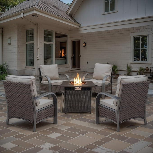 Belord 5 Piece Patio Furniture Set with Fire Pit Table - Outdoor Conversation Set with Propane Fire Pit and 4 Wicker - Photo 1