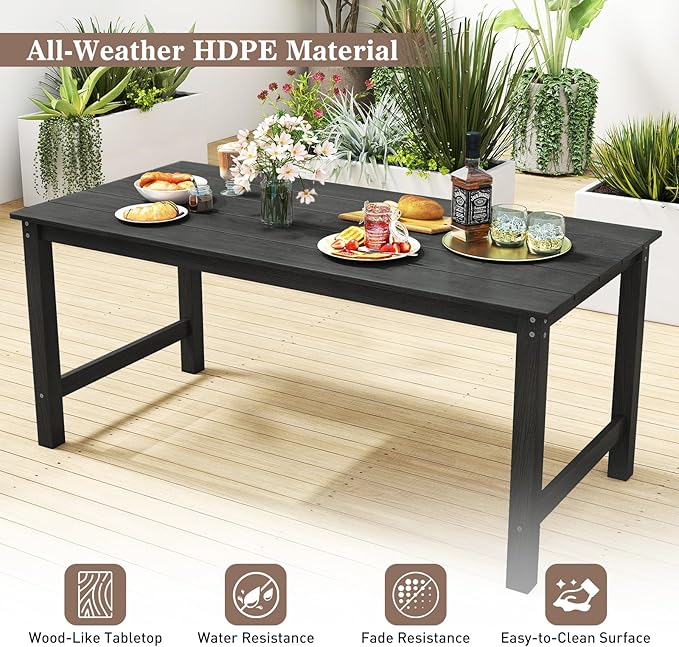 Tangkula HDPE Outdoor Dining Table for 6 Person, 67” Patio Table with Wood-Like Tabletop and Umbrella Hole, Weather-Resistant Rectangle Table for Garden, Backyard and Poolside (Black, 1 Table)