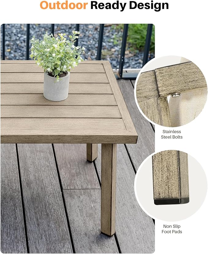 Patio Coffee Table, Never-Rust Aluminum Outdoor Coffee Table with Wood Grain Texture, Modern Rectangle Garden Coffee Table with Slatted Tabletop for Poolside, Decks, Indoor, Balcony, Gray Oak | Never-Rust, Wood Grain Texture, Slatted Tabletop