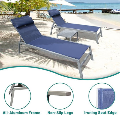 Domi Outdoor Lounge Chairs Set of 3, Upgraded Aluminum Chaise Lounge Chair W/ 5 Adjustable Positions, Patio Lounge Chair for Pool, Deck, Lawn, 2 Pool Chairs and 1 Side Table, Navy Blue