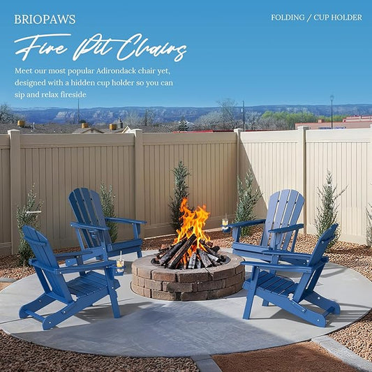 BRIOPAWS Folding-Adirondack-Chair | HDPE Plastic | Fire Pit Chairs | Cup Holder | Curved Back | All Weather | for Outdoor Backyard Deck Patio | Blue