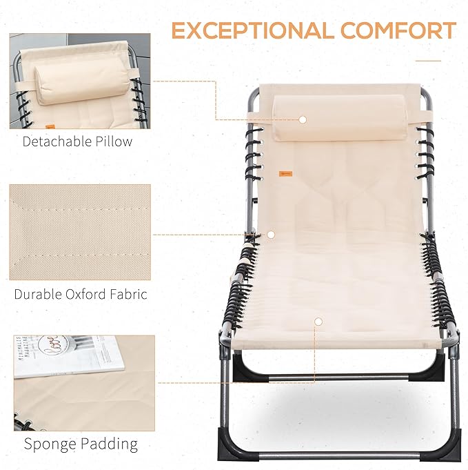 Outsunny Padded Folding Chaise Lounge Chair, Outdoor 6-Level Reclining Camping Tanning Chair with Headrest for Beach, Yard, Patio, Pool, Beige