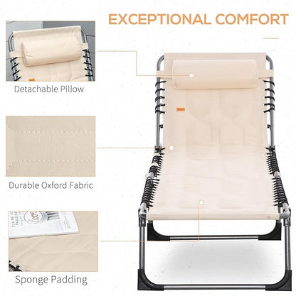 Outsunny Padded Folding Chaise Lounge Chair, Outdoor 6-Level Reclining Camping Tanning Chair with Headrest for Beach, Yard, Patio, Pool, Beige