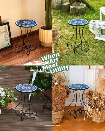 VONLUCE Outdoor Side Table and Mosaic Plant Stand, 21" Round End Table with 14" Ceramic Tile Top for Patio Porch Decor, Indoor & Outdoor Accent Table, Small Coffee Table for Home and Garden, Peacock