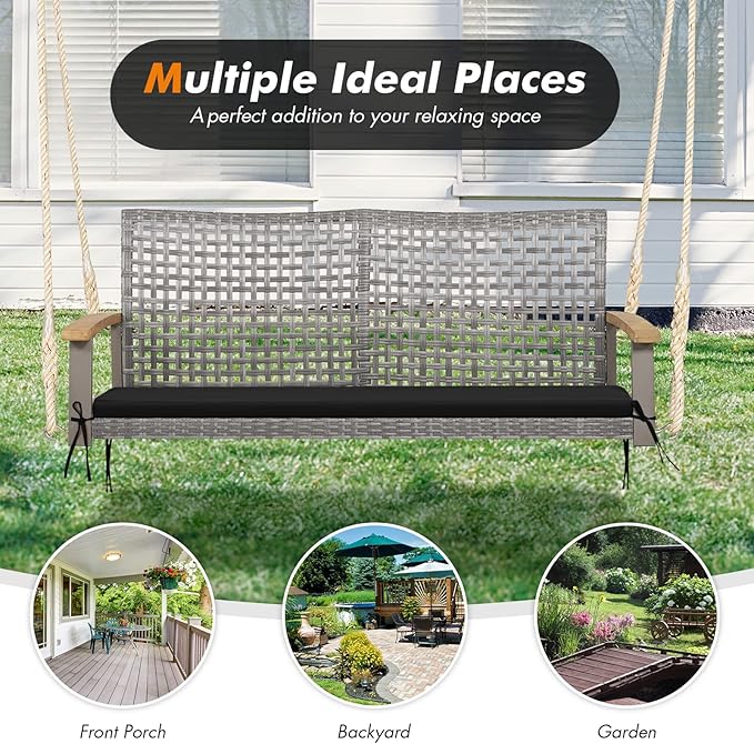RELAX4LIFE 2-Seater Outdoor Porch Swing - Patio PE Rattan Hanging Swing Bench with Seat Cushion and Strong Hanging Ropes - Photo 8