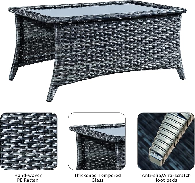 Rilyson Patio Tables Wicker Coffee Table - Outdoor Rattan Coffee Tables with Glass Top for Patio Proch Deck Balcony Rectangle Mixed Grey