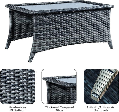 Rilyson Patio Tables Wicker Coffee Table - Outdoor Rattan Coffee Tables with Glass Top for Patio Proch Deck Balcony Rectangle Mixed Grey