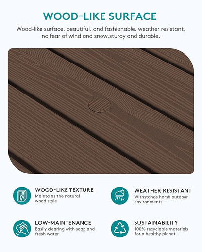 SERWALL Outdoor Coffee Table with 9FT Umbrella, HDPE Patio Coffee Table for Outside, Rectangle, Coffee(Not Include Umbrella Base)