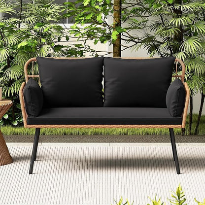 HAPPYGRILL Patio Loveseat Sofa Rattan Wicker 2-Seater Couch with Cushions & Lumbar Pillows, Metal Legs, Outdoor Furniture for Balcony, Porch, Deck (Black)