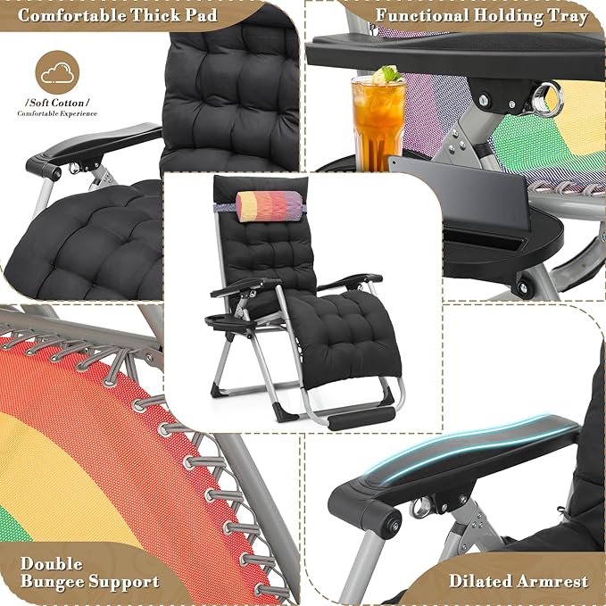 Athena Collection Zero Gravity Outdoor Lounge Chair with Cushion, 29" Width Pool Lounge Lawn Chair Reclining with Cup Holder Foot Pad, Outdoor Chaise for Beach Patio Backyard Outside, Rainbow