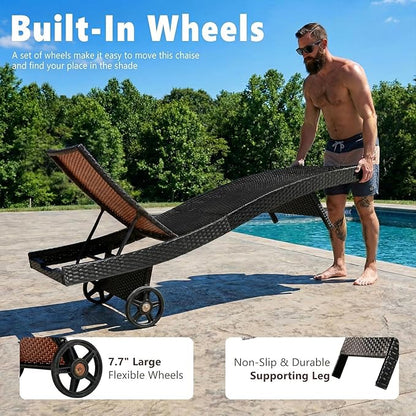 Wicker Outdoor Lounge Chairs with Rolling Wheels, Pool Lounge Chairs Set of 2, Rattan Outdoor Lounger with Pull Out Side Table, Adjustable Backrest Patio Chaise Lounges, Dark Brown