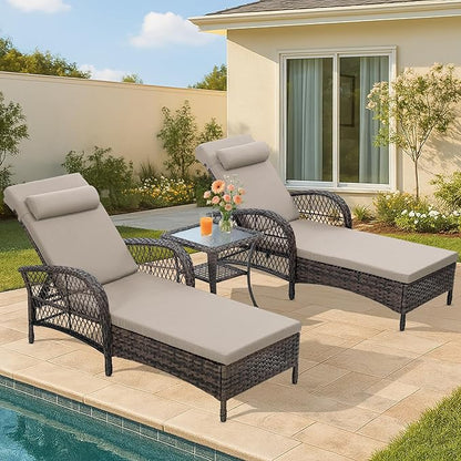 HOMEDIARY 3-Piece Outdoor Wicker Lounge Chair Set, Patio Chaise Loungers Set of 2 w/Side Table, 6-Position Adjustable Poolside Sunbathing Recliner, Armrest and Head Pillow, Fade-Resistant, Beige