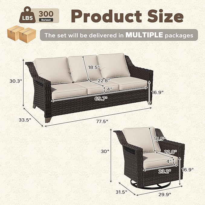 3 Pieces Patio Conversation Furniture Set - 1 Sofa, 2 Swivel Chairs - Photo 2