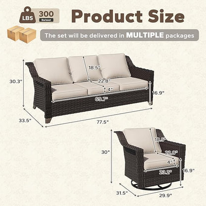 3 Pieces Patio Conversation Furniture Set - 1 Sofa, 2 Swivel Chairs, Outdoor Wicker Furniture with Removable Cushions for Porch, Balcony, Sunroom (Beige)