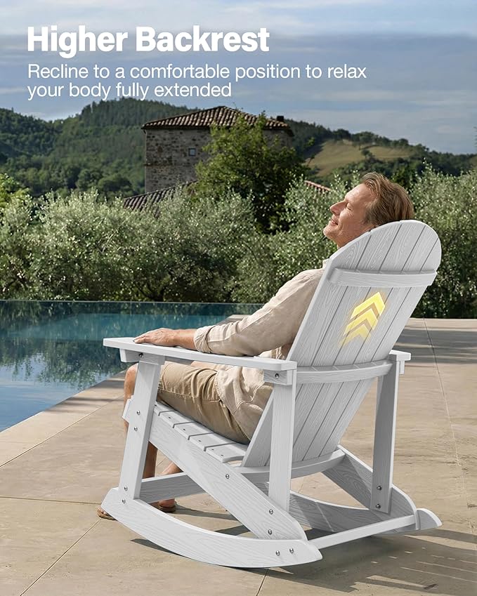YEFU Outdoor Rocking Chair,Adirondack Rocking Chair,Patio Rocker Chair with Wide Back,Oversized Rocker Chair Look Like Real Wood, for Lawn, Porch, Backyard, Indoor and Garden(White)