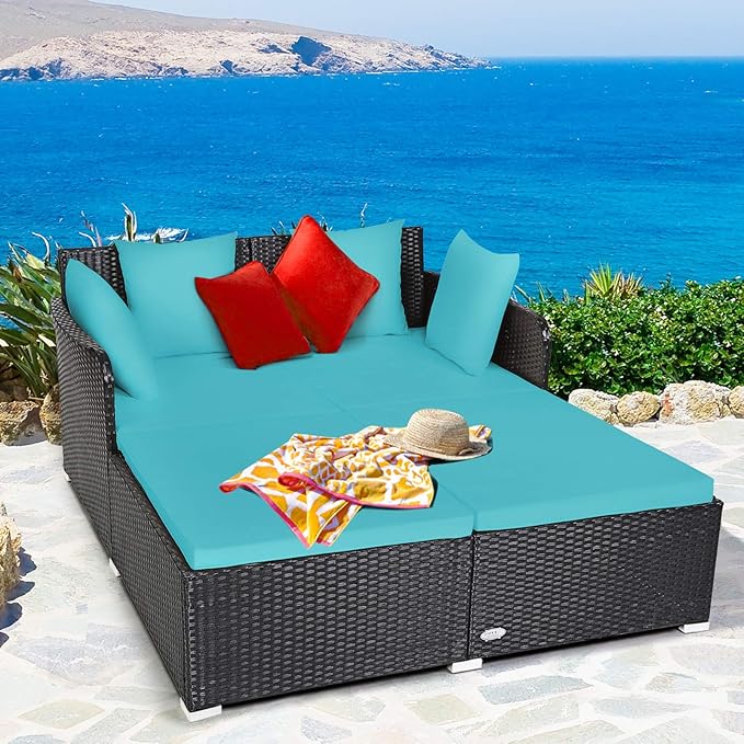 COSTWAY Outdoor Patio Rattan Daybed, Sponge Cushioned Loveseat Sofa with 4 Pillows, Wicker Furniture Sunbed for Balcony - Photo 2