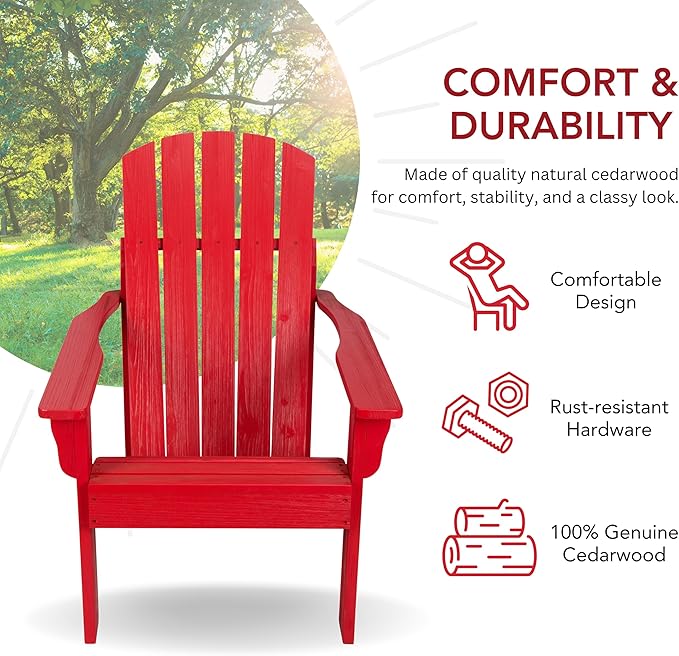 Shine Company Mid-Century Modern Wooden Adirondack Chair, Outdoor Patio Firepit Chairs, Back & Seat Pre-Assembled, Chili Red