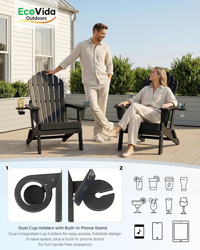 Oversized Adirondack Chair with Dual Cup Holders, Ergonomic High Back HDPE Fire Pit Chair, 380lbs Capacity All-Weather Outdoor Patio Lounge Chair for Garden, Deck, Yard - Black