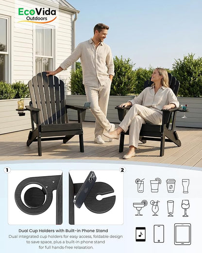 Oversized Adirondack Chair with Dual Cup Holders, Ergonomic High Back HDPE Fire Pit Chair, 380lbs Capacity All-Weather Outdoor Patio Lounge Chair for Garden, Deck, Yard - Black