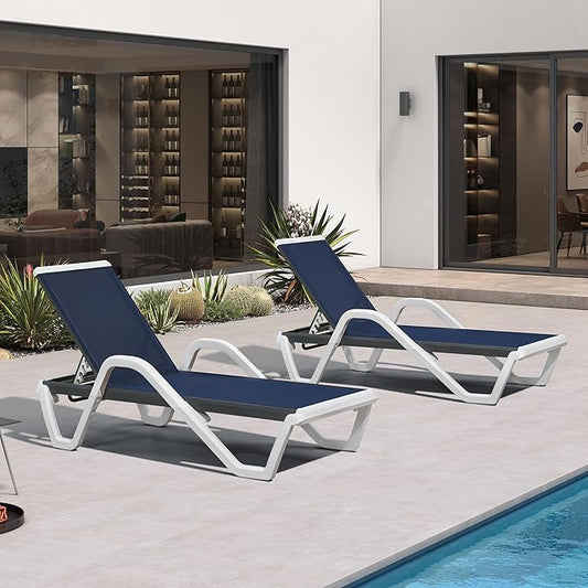PURPLE LEAF Patio Chaise Lounge Set of 2 Plastic Pool Outdoor Lounge Chair with Armrest Stackable Poolside Tanning Chairs for Beach Deck Yard Sunbathing, Navy Blue