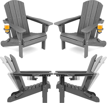 SERWALL Folding Adirondack Chair Set of 4, Adjustable Adirondack Chair with 3 Recline Positions, All Weather HDPE Outdoor Adirondack with Cup Holders, Gray