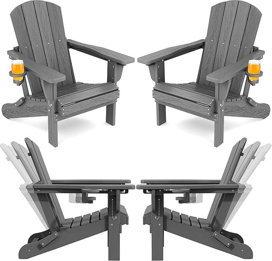 SERWALL Folding Adirondack Chair Set of 4, Adjustable Adirondack Chair with 3 Recline Positions, All Weather HDPE Outdoor Adirondack with Cup Holders, Gray