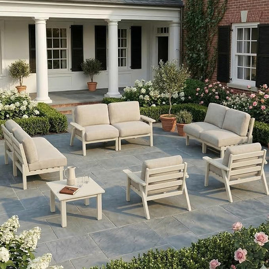 HDPE Patio Furniture Set 8 Seats, Outdoor Couch with Washable Thick Beige Cushions & Side Table, Outdoor Sectional Furniture for Backyard, Deck, Lawn, Porch (White Frame)