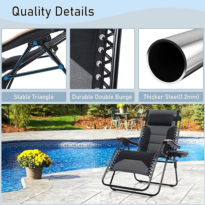 PHI VILLA XXL Oversized Padded Zero Gravity Chair Set of 2, Foldable Patio Recliner - Photo 4