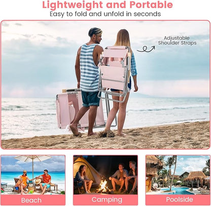 Goplus 3-in-1 Foldable Beach Chair, Lay-Flat Tanning Chair with Face and Arm Holes, Footrest, 330 lbs Heavy-Duty Portable Reclining Lounge Chairs for Outside, Camping, Patio, Poolside, Lawn (1,Pink)