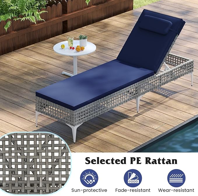 Tangkula Patio Chaise Lounge Chair, PE Wicker Reclining Sun Lounger with 6-Level Adjustable Backrest, Removable Cushion & Headrest, Outdoor Lounge Chair for Poolside, Deck, Backyard (2, Navy)