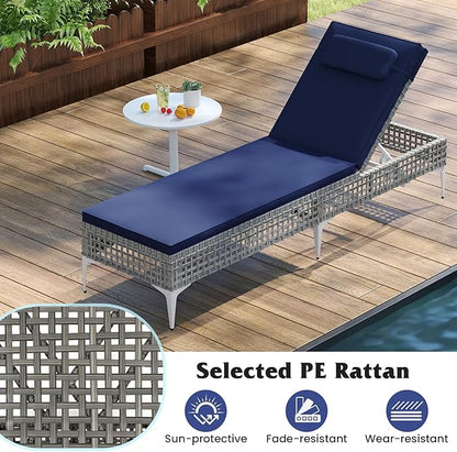 Tangkula Patio Chaise Lounge Chair, PE Wicker Reclining Sun Lounger with 6-Level Adjustable Backrest, Removable Cushion & Headrest, Outdoor Lounge Chair for Poolside, Deck, Backyard (1, Navy)