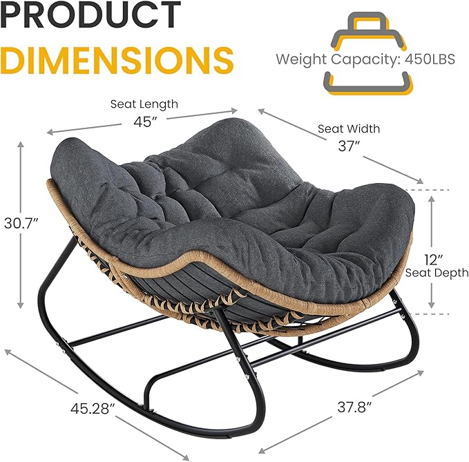 Oversized Papasan Rocking Chair Outdoor, Comfy Wicker Patio Papasan Egg Rocker with Thick Cushion for 450 lbs - Photo 2