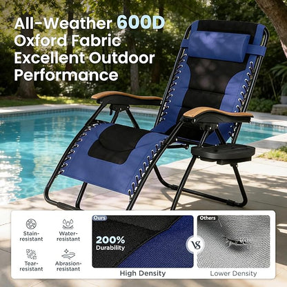 PHI VILLA XXL Oversized Padded Zero Gravity Chair, Foldable Patio Recliner, 30" Wide Seat Anti Gravity Lounger with Cup Holder, Support 400 LBS (Navy Blue)