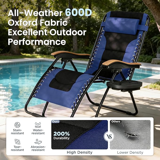 PHI VILLA XXL Oversized Padded Zero Gravity Chair Set of 2, Foldable Patio Recliner, 30" Wide Seat Anti Gravity Lounger with Armrest and Cup Holder, Support 400 LBS (Navy Blue)