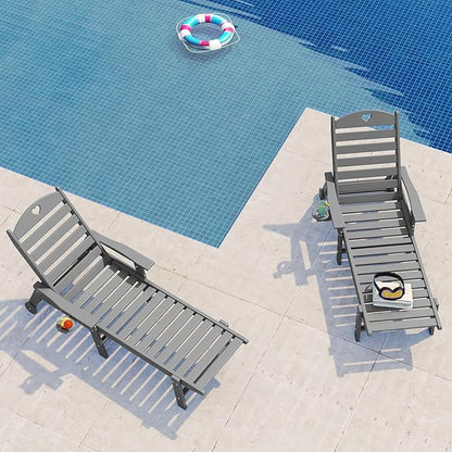 Aokia Pool Lounge Chairs,Chaise Lounge Chair Outdoor with Wheels & Cupholder | Oversize HDPE 6-Position Outdoor Chairs for Patio, Lawn, Garden, Poolside (Grey)
