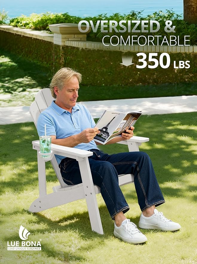 LUE BONA HDPE Adirondack Chair Set of 1 - Weather Resistant Outdoor Seating with Cup Holder for Porch, Poolside - Photo 6