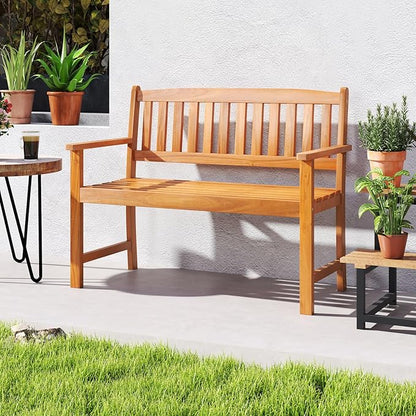 Giantex 2-Person Outdoor Bench, Acacia Wood Patio Bench w/Ergonomic Backrest, Comfortable Armrests & Curved Seat, Garden Bench for Backyard, Patio, Deck, Porch, 800 Lbs Weight Capacity, Natural