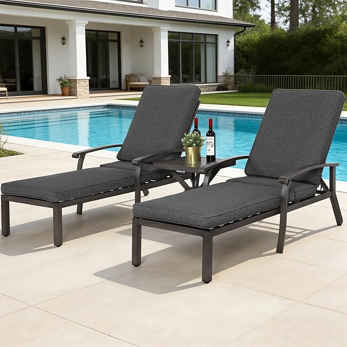 HOMEFUN Outdoor Chaise Lounge Chair 3-Piece Set, Hand-Brushed Wood Grain Cast Aluminum Recliners with Side Table - Photo 1