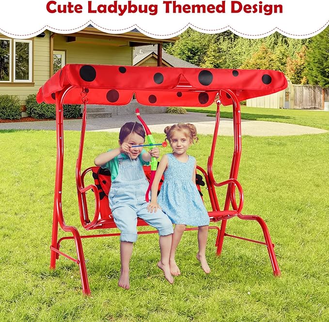 KOTEK Kids Patio Swing, 2-Seater Outdoor Hanging Bench with Adjustable Canopy, Safety Belt & Curved Armrest, Kids Swing Chair with Stand for Backyard, Garden, Lawn, Porch (Red Ladybug)
