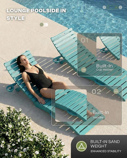 Pre-Assembled Folding in-Pool Lounge Chair, HDPE Outdoor Chaise Lounge with Cup Holder, Pool Lounge Chair for Poolside, Patio, Beach, Deck (Aruba Blue)