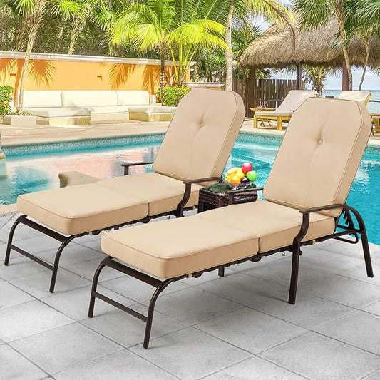 U-MAX Adjustable Outdoor Chaise Lounge Chair Patio Lounge Chair Recliner Furniture with Armrest and Cushion for Deck, Poolside, Backyard (Beige, 2PCS)