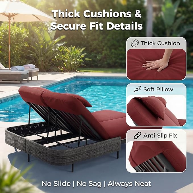 NICESOUL Double Chaise Lounge Outdoor, 51.2" Wide 2-Person Daybed with Independent Recline - Photo 6