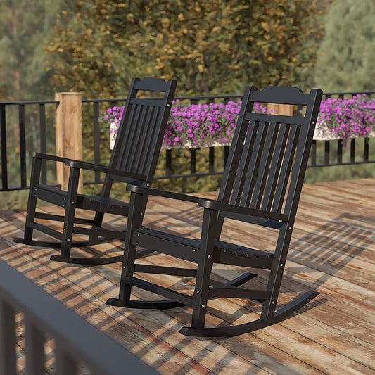 Flash Furniture Set of 2 Winston All-Weather Rocking Chair in Black Faux Wood