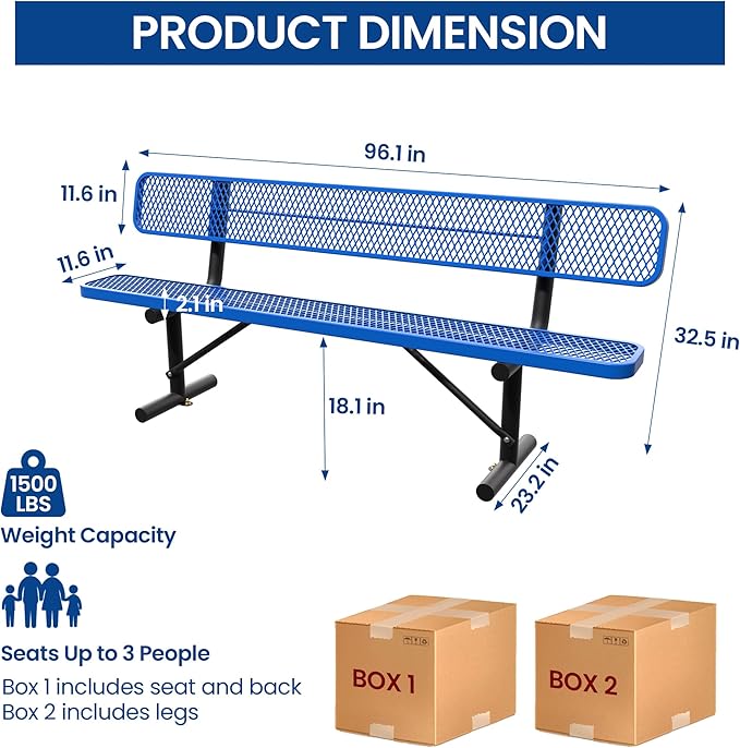 8 Feet Park Bench for Outside,Heavy Duty Patio Garden School Commercial Benches,Weatherproof Outdoor Bench Metal Picnic Bench, Outdoor Steel Bench with Backrest,96.1x23.2x32.5inch