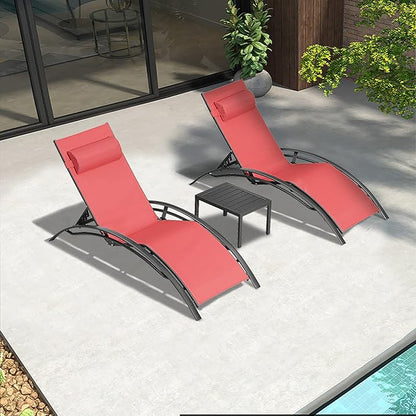 PURPLE LEAF Patio Chaise Lounge Set Outdoor Lounge Chair Beach Pool Sunbathing Lawn Lounger Recliner Chair Outside Tanning Chairs with Arm for All Weather Side Table Included Coral Red