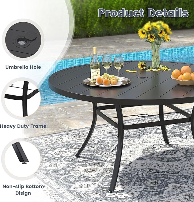 VICLLAX 53" Round Patio Dining Table for 6-8, Metal Outdoor Dining Table with Umbrella Hole for Garden, Patio, Balcony, Black
