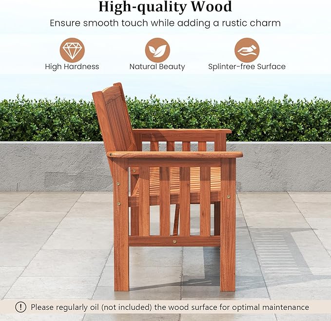 Tangkula Outdoor Wood Garden Bench, 2-Person Patio Park Bench with Backrest, Armrests and Slatted Seat, Outside Loveseat Furniture for Front Porch, Balcony, Deck and Yard